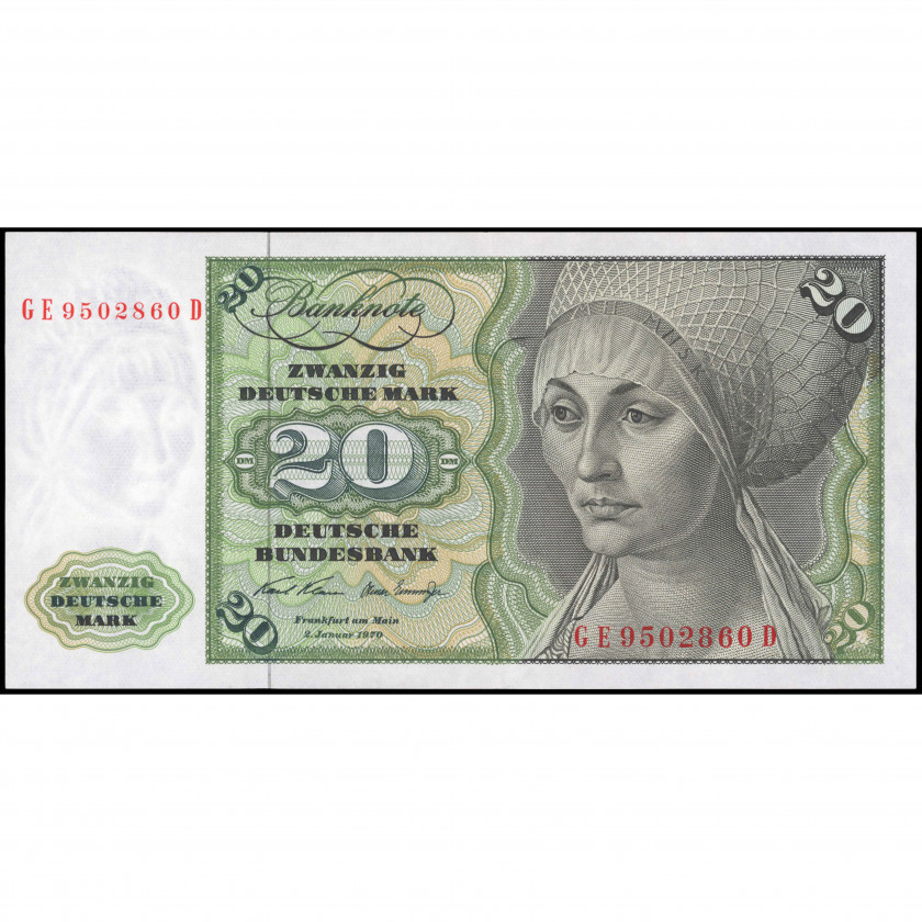 20 Vācu Markas, Vācija (Federatīvā Republika), 1970 (AU), Pick 32a
