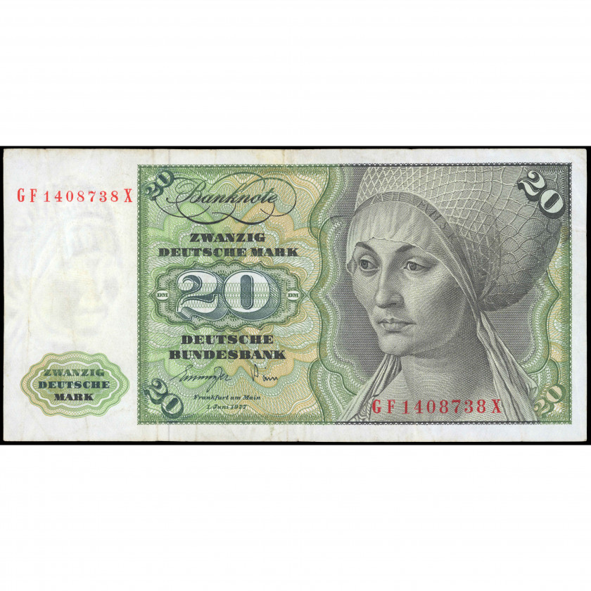 20 Vācu Markas, Vācija (Federatīvā Republika), 1977 (VF), Pick 32b