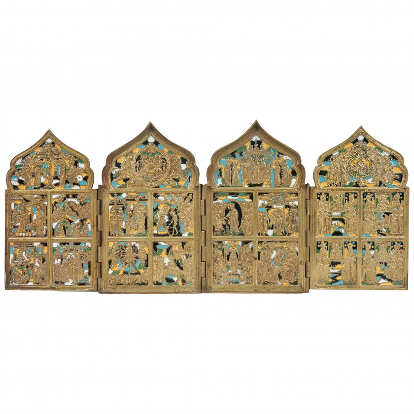 Four-panel folding icon "The Twelve Great Feasts" with five-color enamel