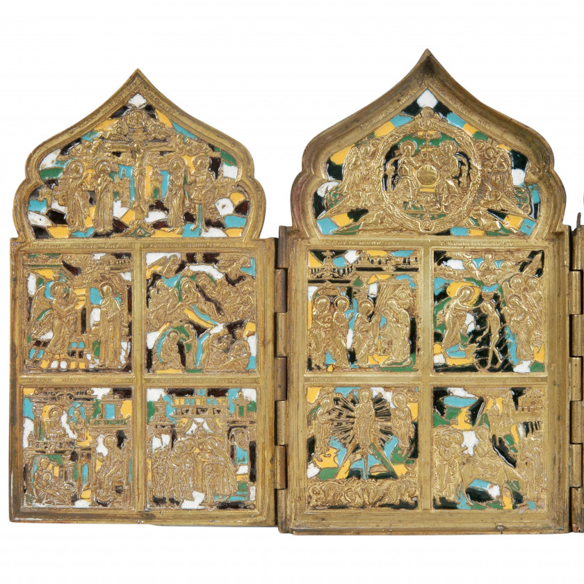 Four-panel folding icon "The Twelve Great Feasts" with five-color enamel