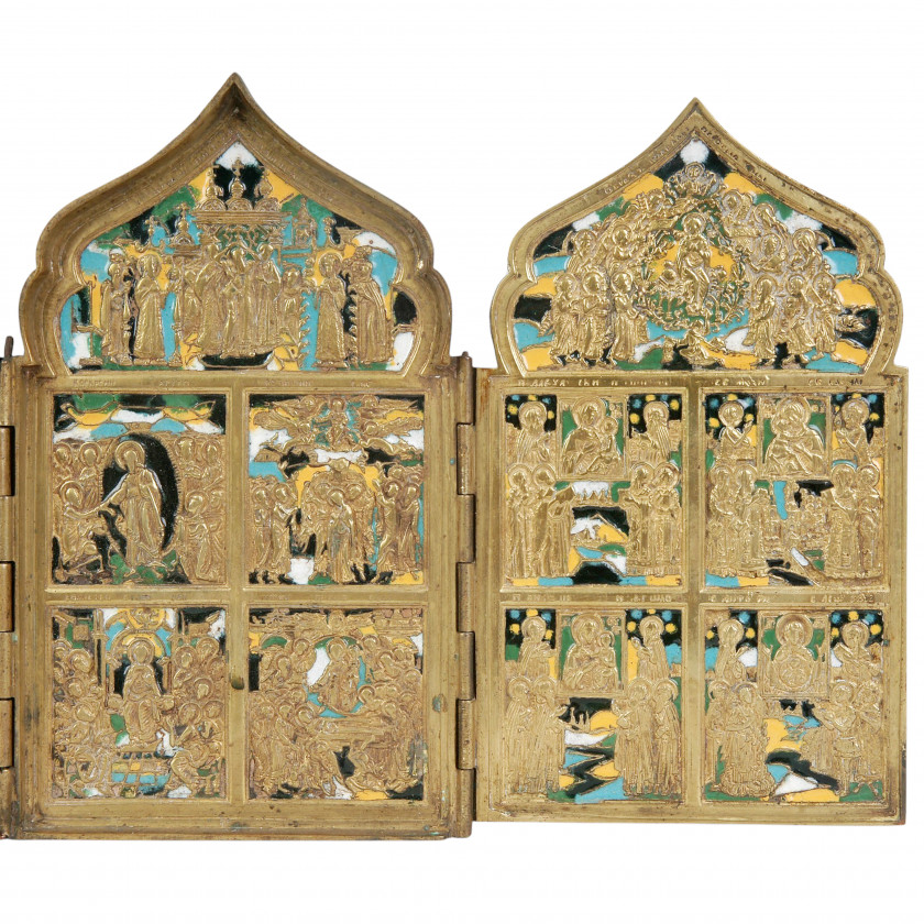 Four-panel folding icon "The Twelve Great Feasts" with five-color enamel