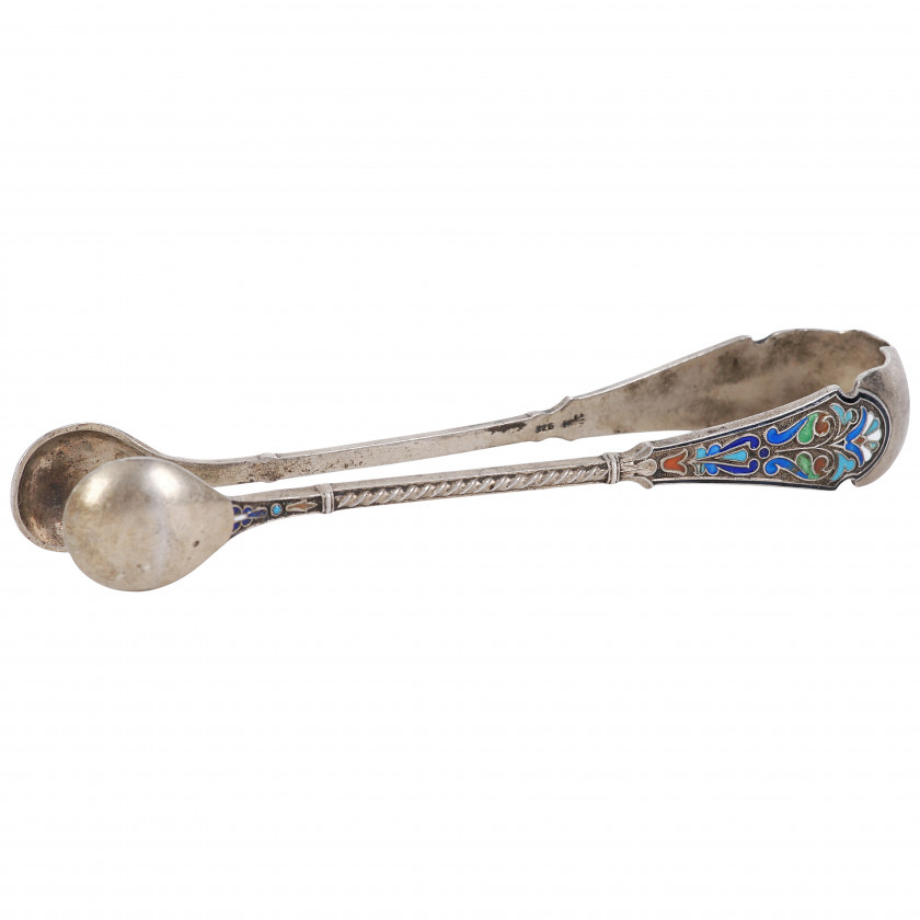Silver sugar tongs with enamel
