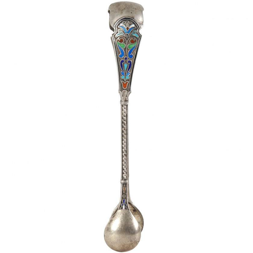Silver sugar tongs with enamel