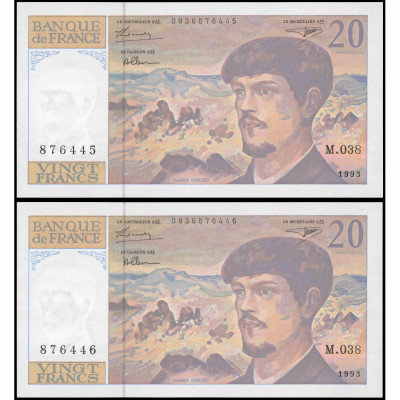 A pair of sequential banknotes 20 Francs, Fra...