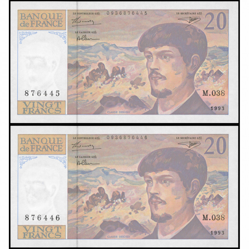 Secīgu banknošu pāris 20 Franku, Francija, 1993 (UNC), Pick 151f