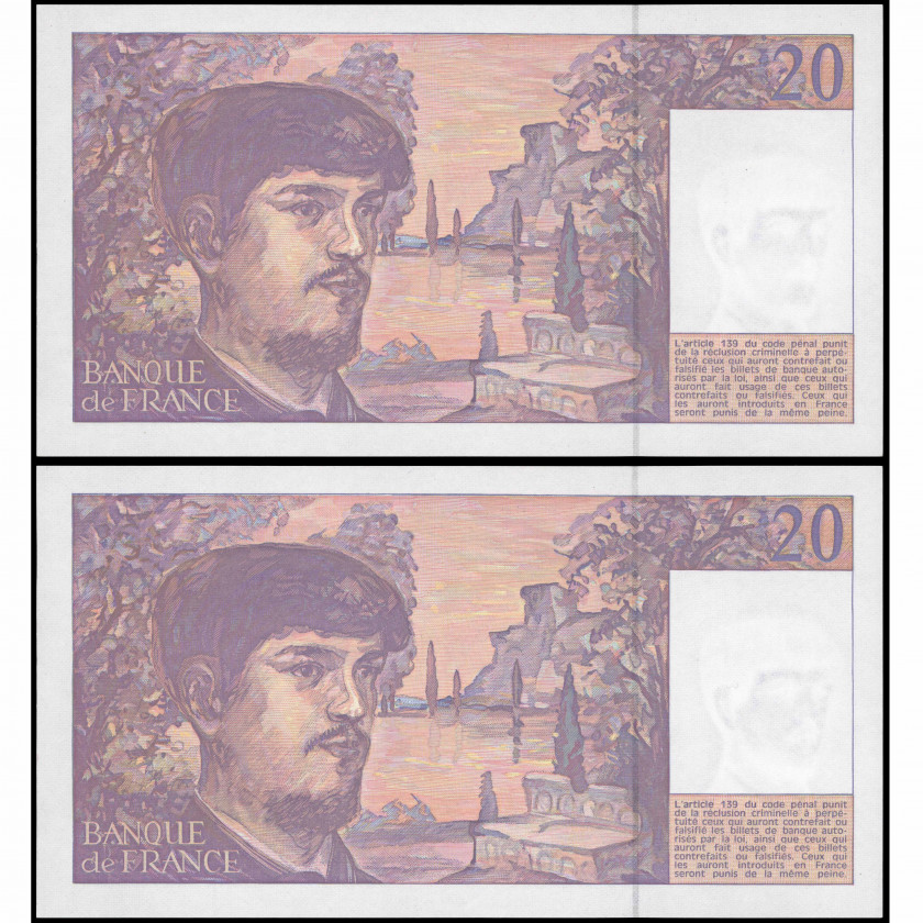 Secīgu banknošu pāris 20 Franku, Francija, 1993 (UNC), Pick 151f