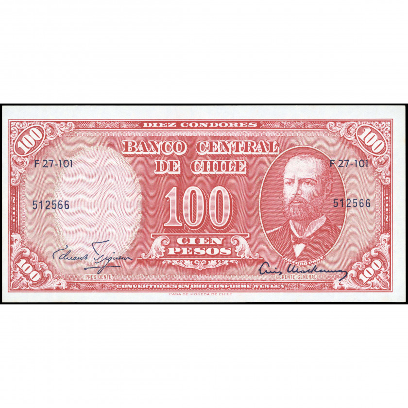 10 Centesimos on 100 Pesos, Chile, 1960 - 61 (UNC), Pick 127a