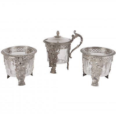 Two silver saltcellars and a mustard pot