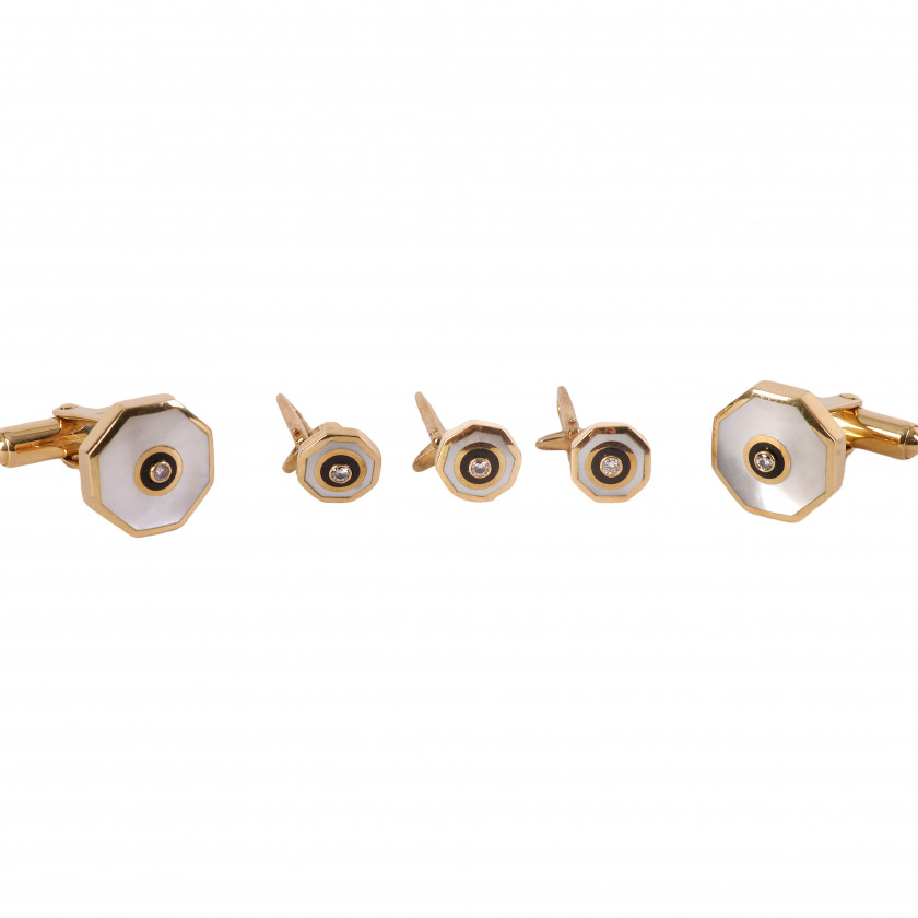 Gold cufflinks and buttons with mother-of-pearl and diamonds