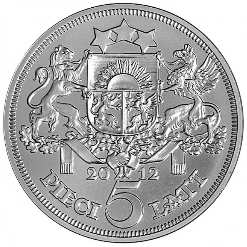 Серебряная монета "5 Лат 2012, Латвия, 90 лет Банку Латвии"