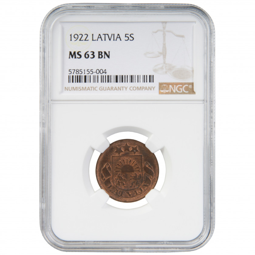 Monēta NGC slaba "5 santimi 1922. gadā, Latvija, MS 63 BN"