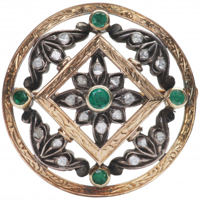 Gold brooch with emeralds and diamonds