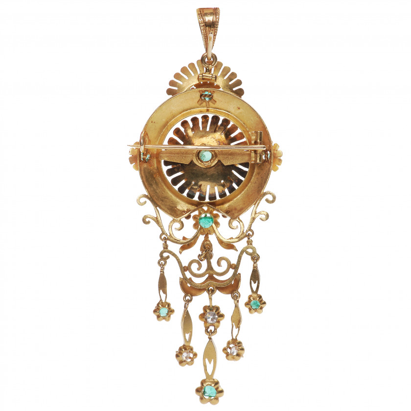 Gold brooch-pendant with emeralds and diamonds