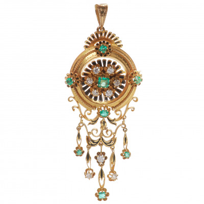Gold brooch-pendant with emeralds and diamond...
