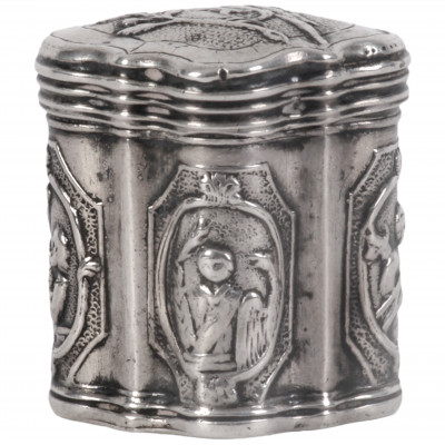 Silver scent box with images of the four Evan...