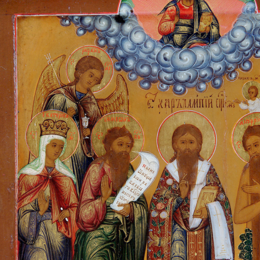 Icon "Selected saints - Archangel Raphael, Catherine, Simeon, Charalambos, Andrew, Barbara, Cyricus and Julitta"