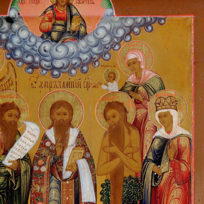 Icon "Selected saints - Archangel Raphael, Catherine, Simeon, Charalambos, Andrew, Barbara, Cyricus and Julitta"