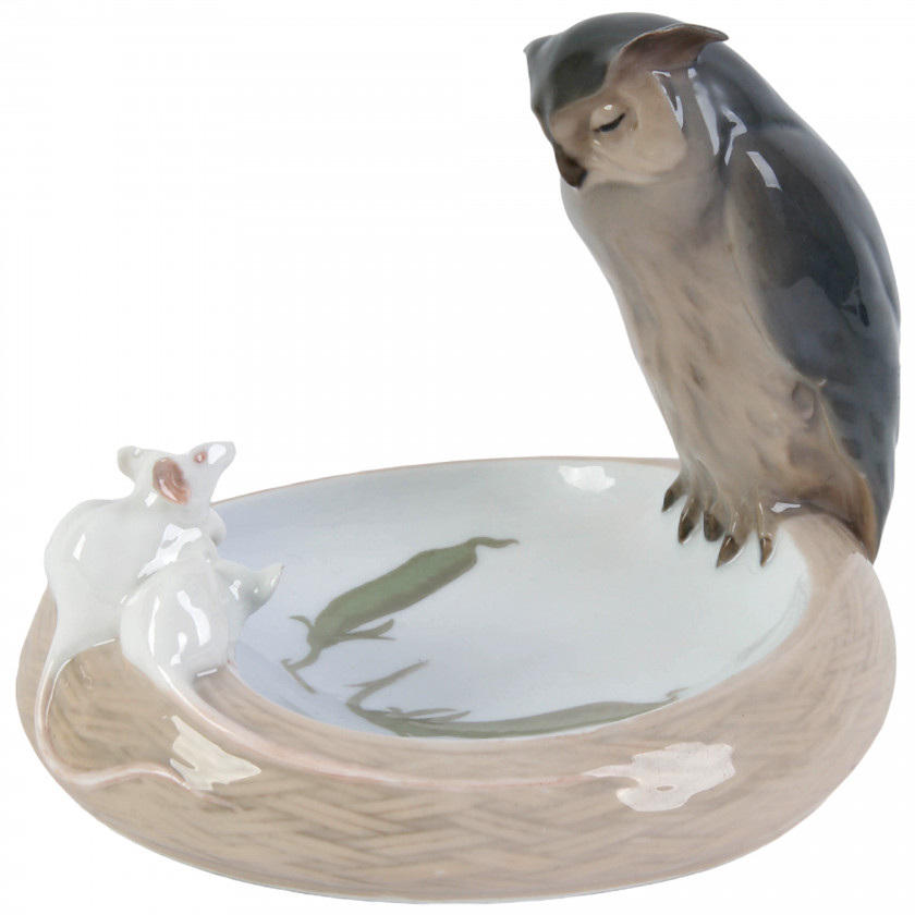 Porcelain ashtray "Owl and three mice"