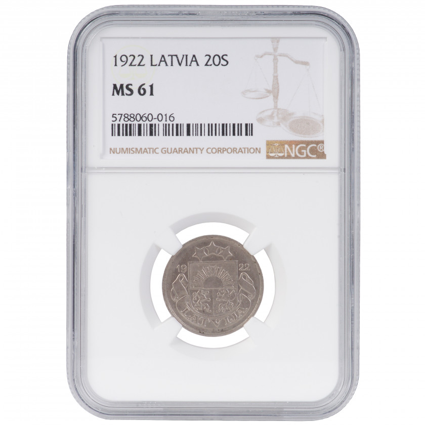Coin in NGC slab "20 santimu 1922, Latvia, MS 61"
