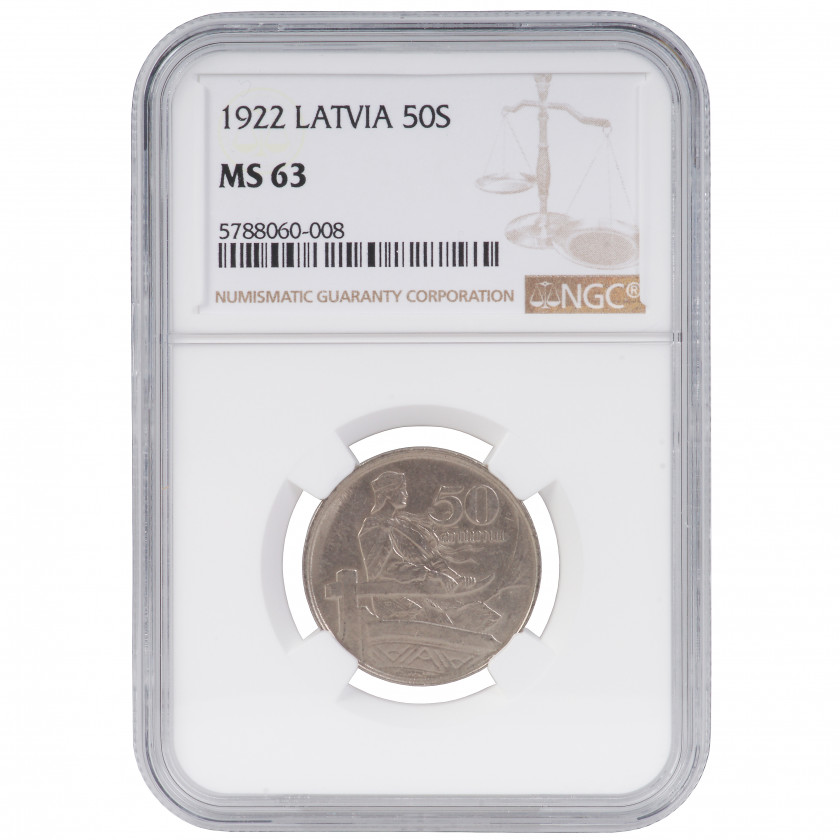 Coin in NGC slab "50 santimu 1922, Latvia, MS 63"