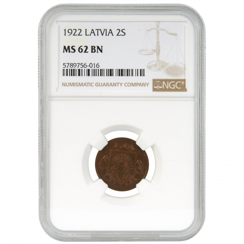 Coin in NGC slab "2 santimi 1922, Latvia, MS 62 BN"