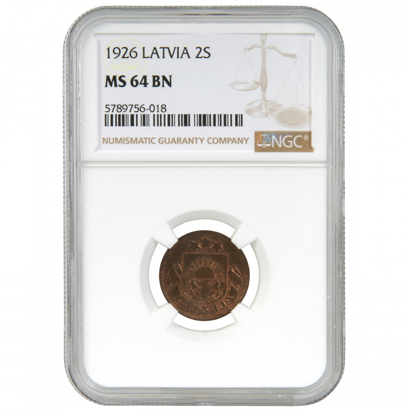 Coin in NGC slab "2 santimi 1926, Latvia, MS 64 BN"
