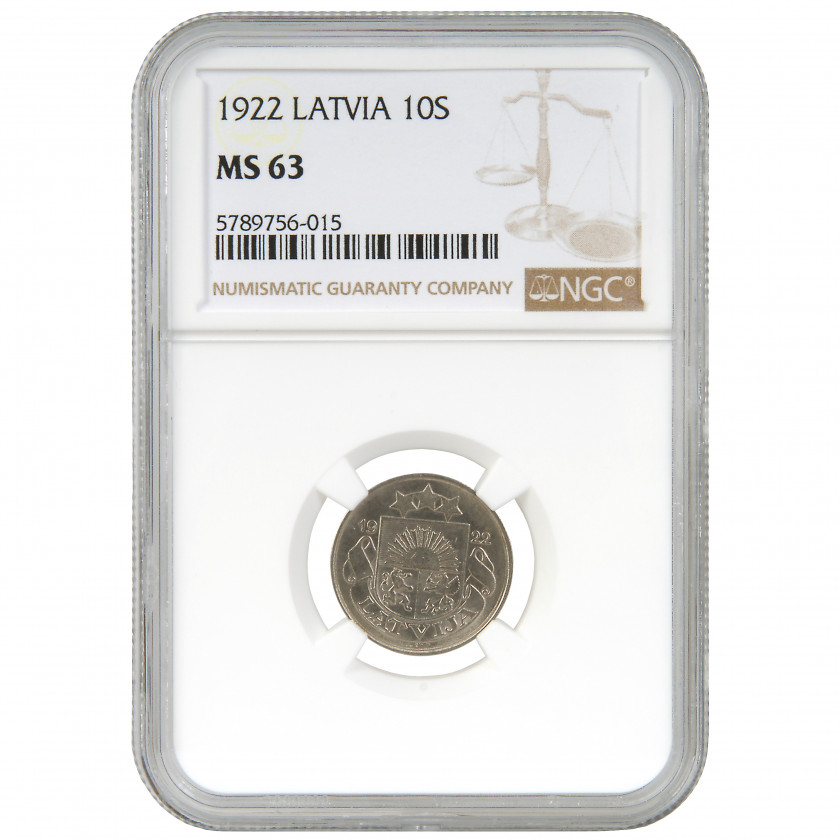 Coin in NGC slab "10 santimu 1922, Latvia, MS 63"