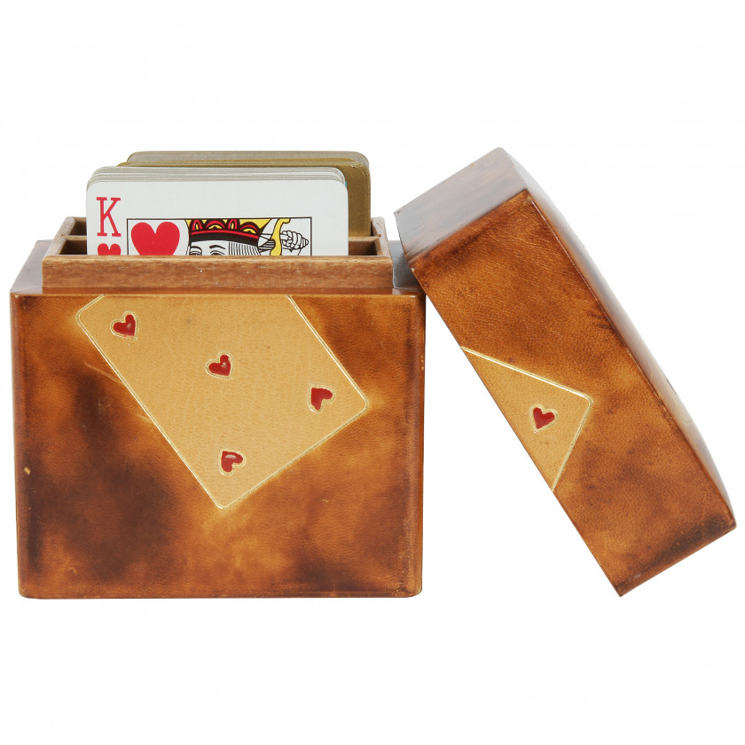 A set of playing cards in a leather case