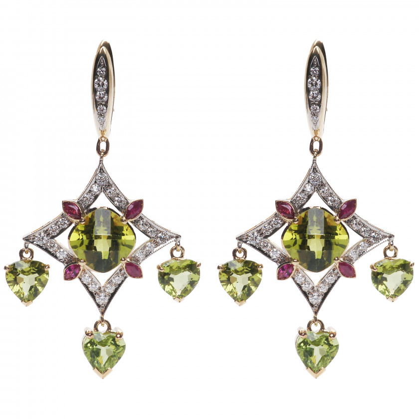 Gold earrings with diamonds, peridots and rubies
