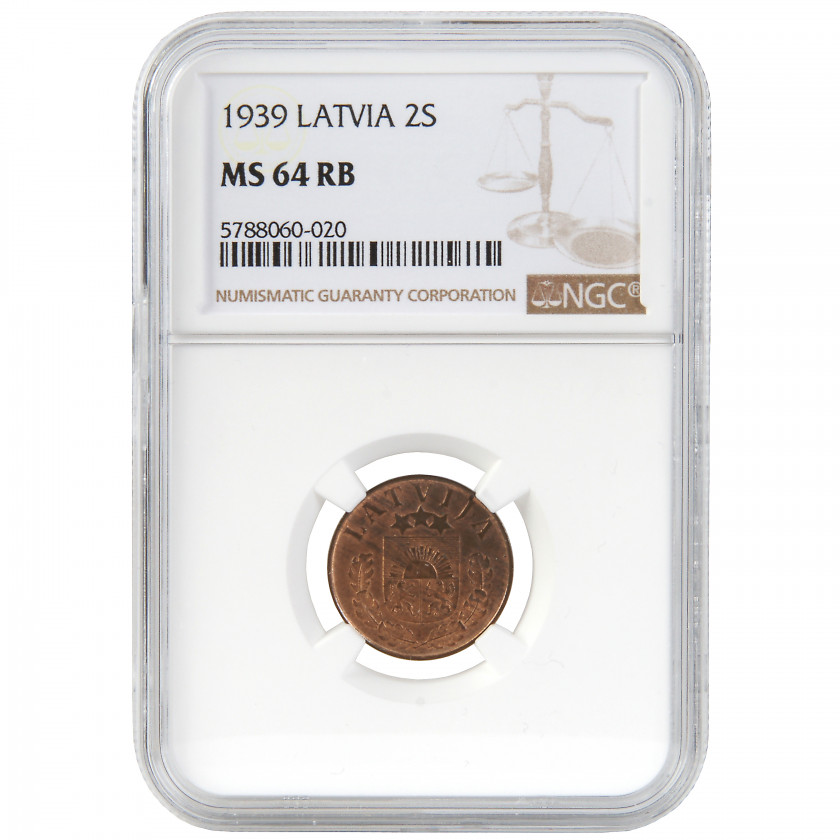 Monēta NGC slaba "2 santimi 1939. gadā, Latvija, MS 64 RB"