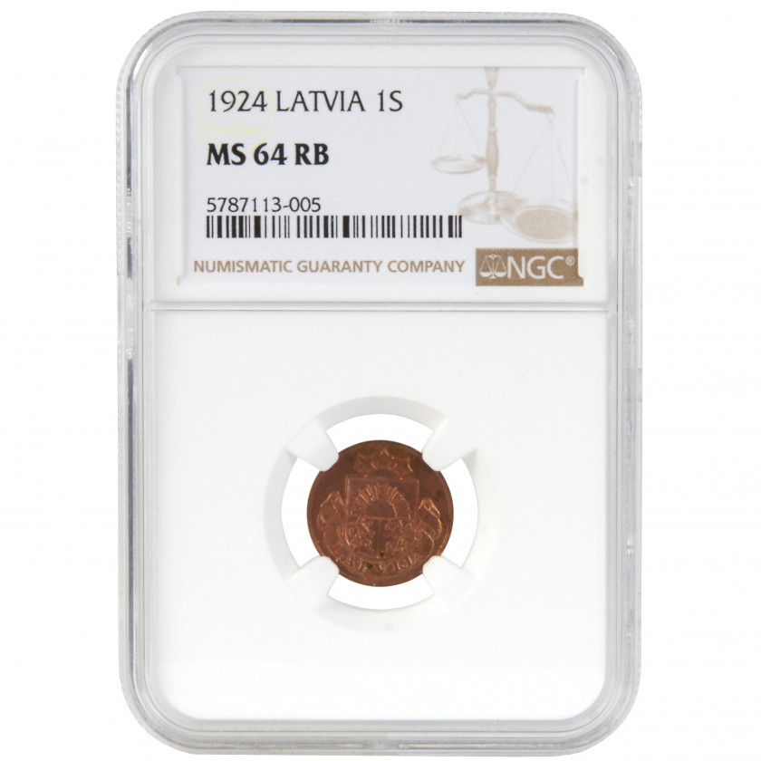 Monēta NGC slaba "1 santims 1924. gadā, Latvija, MS 64 RB"