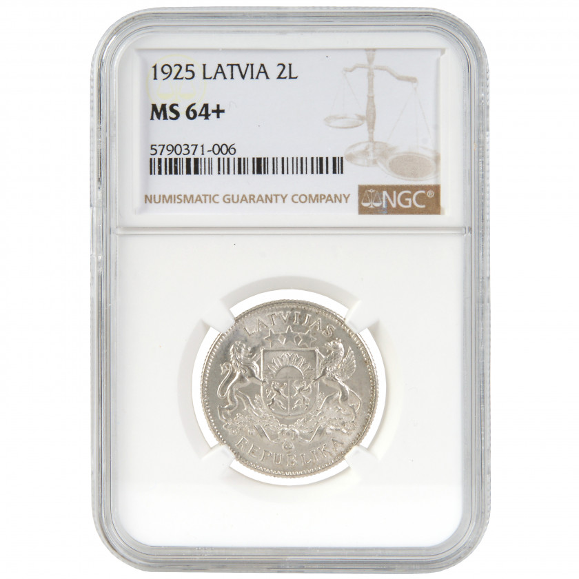 Monēta NGC slaba "2 Lati 1925. gadā, Latvija, MS 64+"