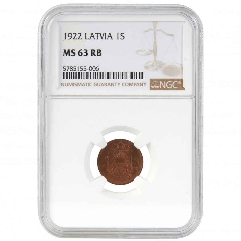 Monēta NGC slaba "1 santims 1922. gadā, Latvija, MS 63 RB"