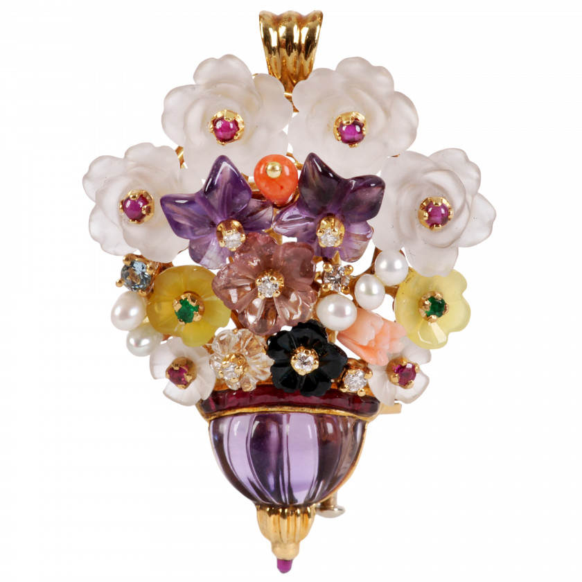 Gold brooch-pendant with precious stones