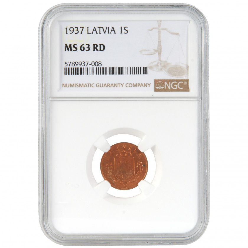 Monēta NGC slaba "1 santims 1937. gadā, Latvija, MS 63 RD"