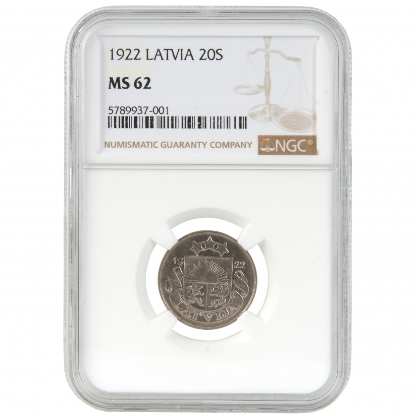 Monēta NGC slaba "20 santimu 1922. gadā, Latvija, MS 62"