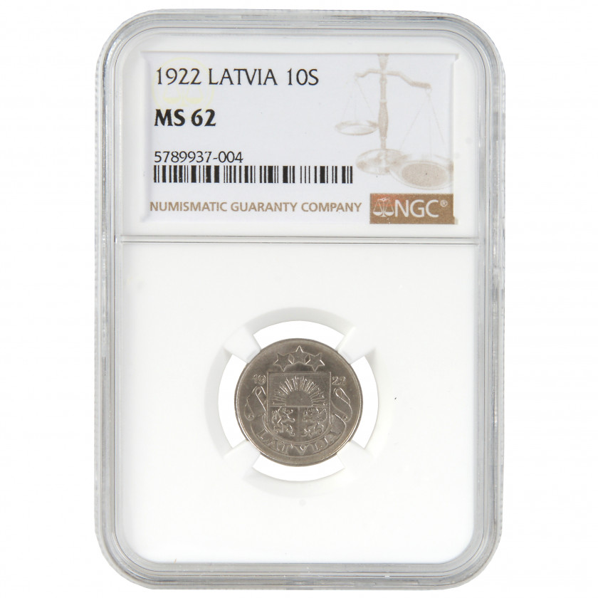 Monēta NGC slaba "10 santimu 1922. gadā, Latvija, MS 62"