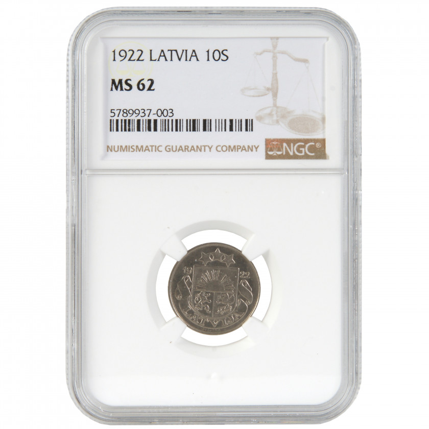 Монета в слабе NGC "10 сантим 1922 года, Латвия, MS 62"