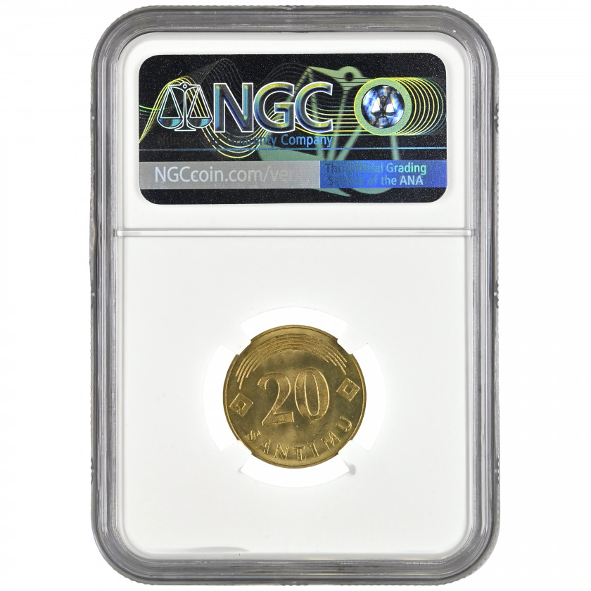 Monēta NGC slaba "20 santimu 1992. gadā, Latvija, MS 66 MAGNETIC ALLOY"