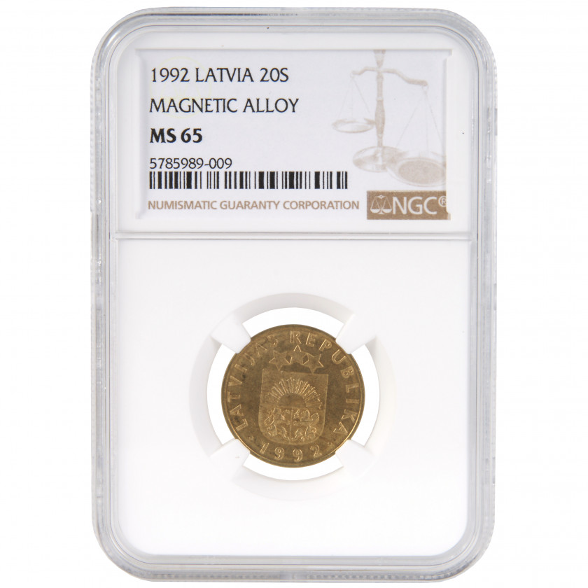 Coin in NGC slab "20 santimu 1992, Latvia, MS 65 MAGNETIC ALLOY"
