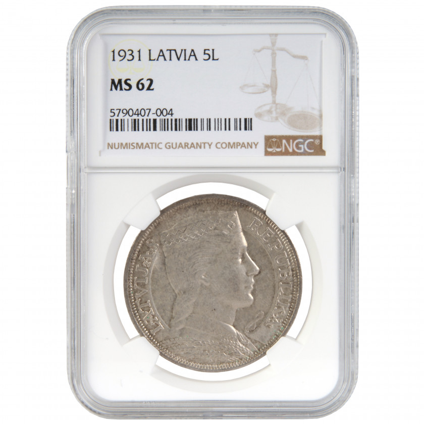 Монета в слабе NGC "5 Лат 1931 года, Латвия, MS 62"
