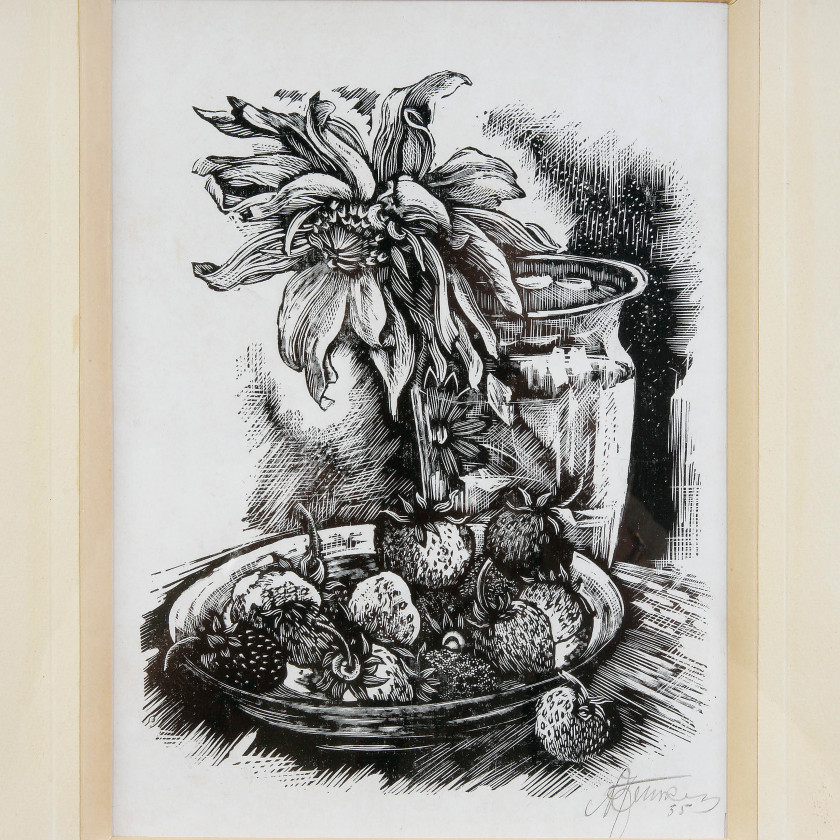 Woodcut "Still life with strawberries"