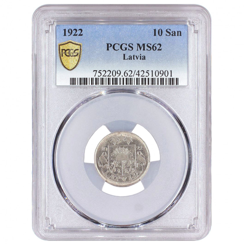 Coin in PCGS slab "10 santimu 1922, Latvia, MS 62"