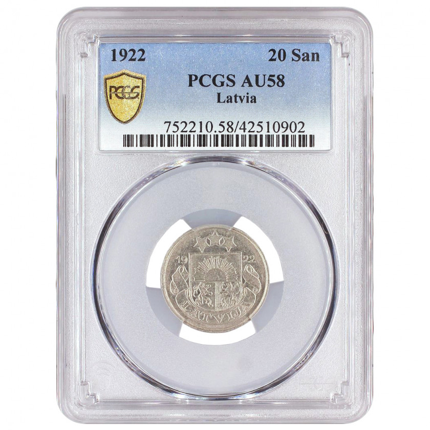 Монета в слабе PCGS "20 сантим 1922 года, Латвия, AU 58"