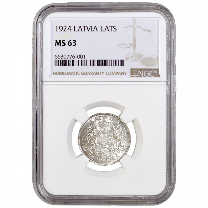 Монета в слабе NGC "1 Лат 1924 года, Латвия, MS 63"