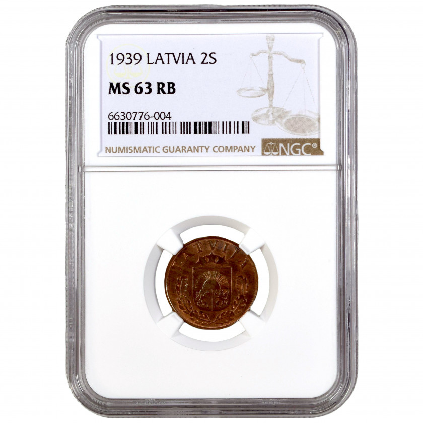 Coin in NGC slab "2 santimi 1939, Latvia, MS 63 RB"