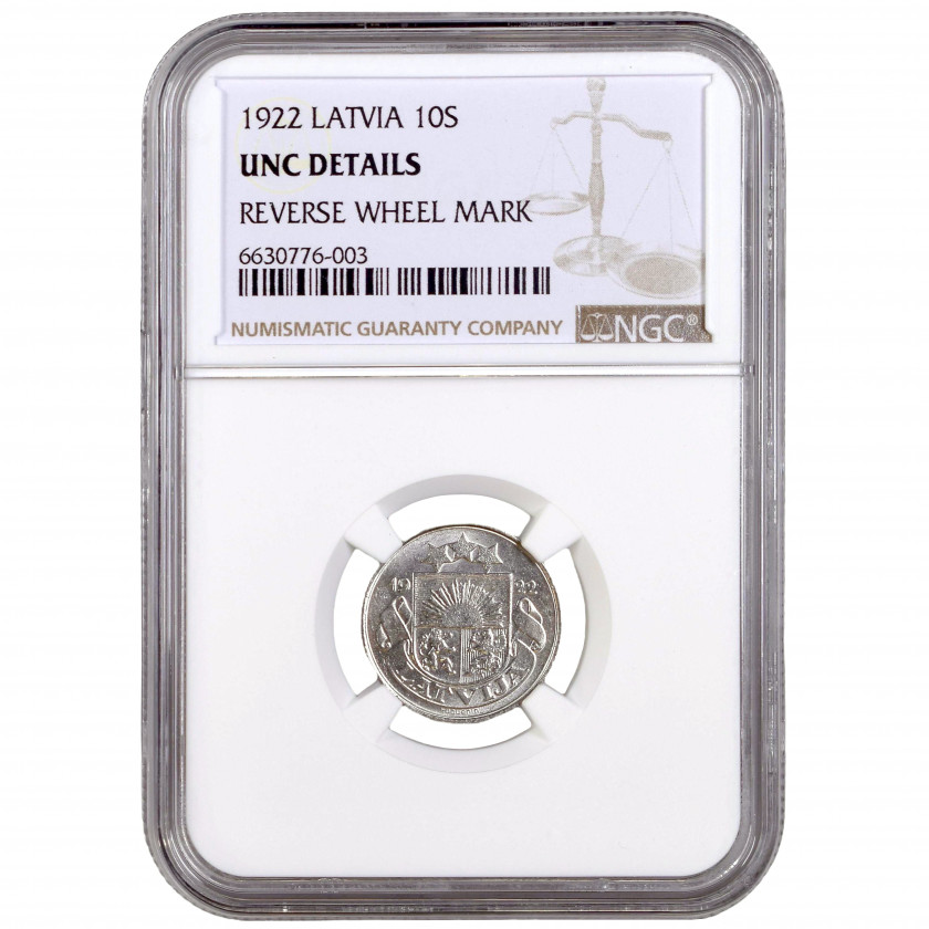 Монета в слабе NGC "10 сантим 1922 года, Латвия, UNC DETAILS"