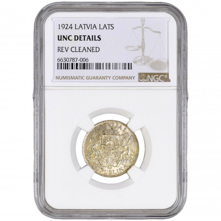Монета в слабе NGC "1 Лат 1924 года, Латвия, UNC DETAILS"
