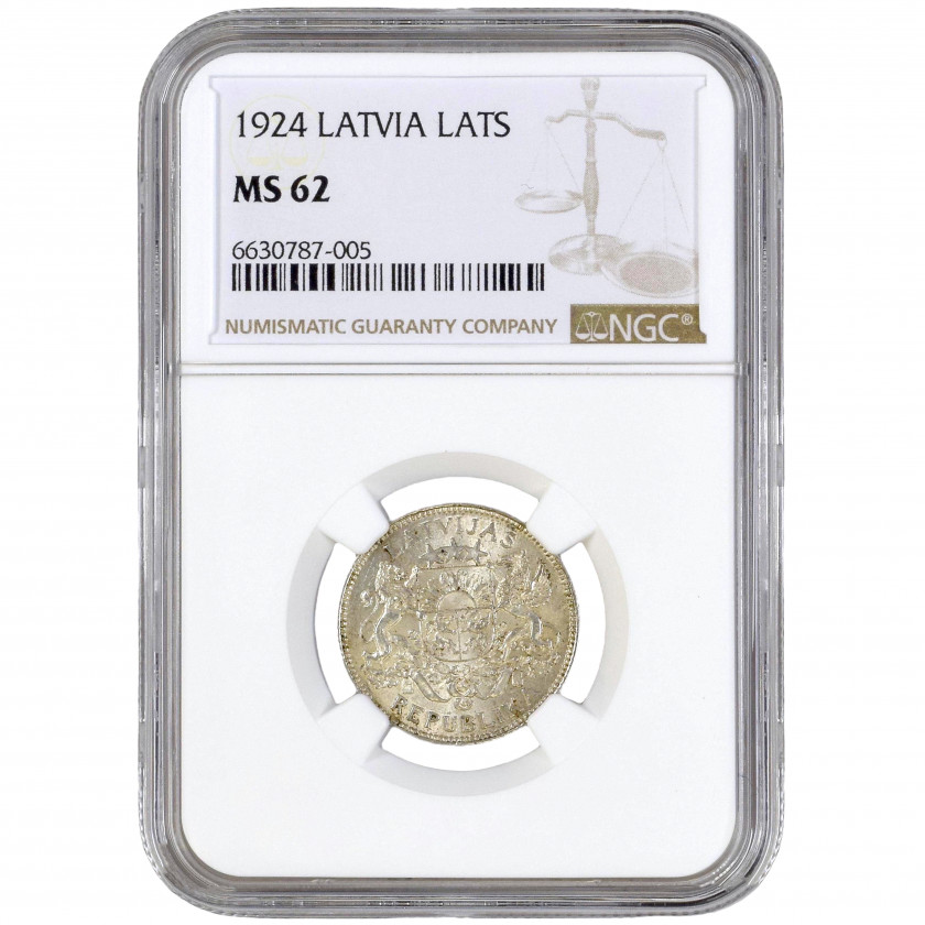 Монета в слабе NGC "1 Лат 1924 года, Латвия, MS 62"