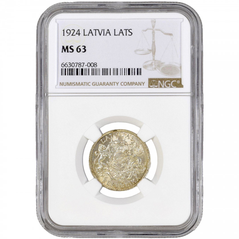 Monēta NGC slaba "1 Lats 1924. gadā, Latvija, MS 63"